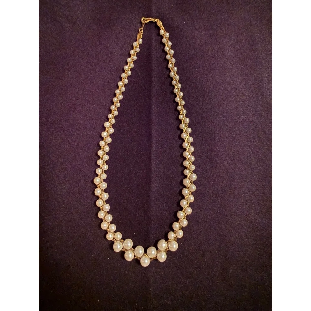 Vintage Faux‎ Pearl Graduated Collar Necklace Gold Tone Braided Chain Bridal Bib